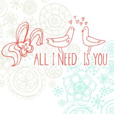 Cute hand drawn vector love card with birds and flowers N2