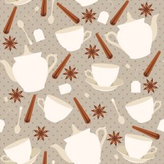 Seamless pattern with cups and teapots cinnamon sticks