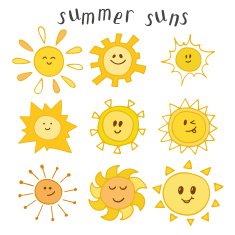 Set of cute summer suns Hand drawn smiley suns