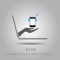 hand hold mobile music from laptop vector icon