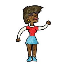 cartoon woman in spectacles waving N7