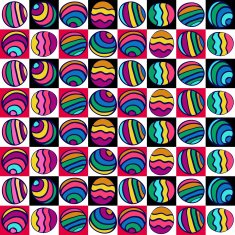 Seamless pattern of colorful circles on colored squares hand-drawn