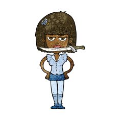 cartoon woman with knife between teeth N24