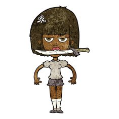 cartoon woman with knife between teeth N25