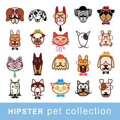 Hipster pet icon set vector illustrations