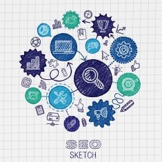 SEO hand drawing integrated sketch icons Vector doodle pictogram set