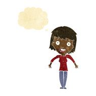 cartoon woman shrugging shoulders with thought bubble N541
