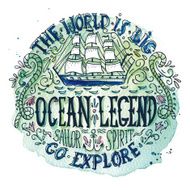 Watercolor vintage label with a ship and hand lettering N2