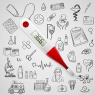 electronic thermometer and hand draw medicine icon