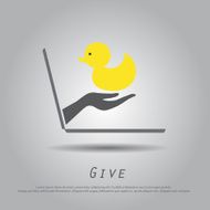 hand hold duck from laptop vector icon