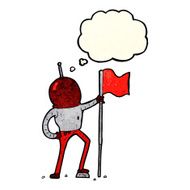 cartoon astronaut planting flag with thought bubble N8