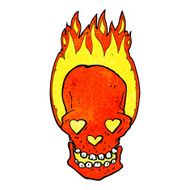cartoon flaming skull with love heart eyes N3