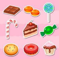 Set of colorful various candy sweets and cakes stickers