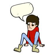 cartoon boy sitting on floor with speech bubble N11