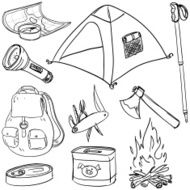 Camping equipment in black and white