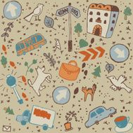Doodles color city objects background seamless pattern