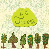 Seamless hand-drawn border pattern with doodle forest tree