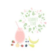 Illustration with leaves frame juice fruits and berries Summer time