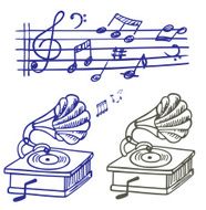 Set of vector music note and gramophone doodle