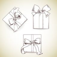 Set of hand drawn gift boxes with bows and ribbons