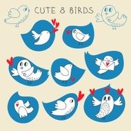 Cute blue twitter birds set in vector with red hearts