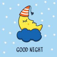 Funny sketching sleeping moon and stars Vector cartoon illustration background