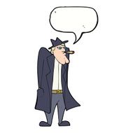 cartoon man in hat and trench coat with speech bubble N11