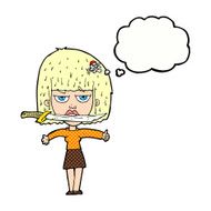 cartoon woman with knife between teeth thought bubble N42