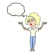 cartoon woman raising hands in air with thought bubble N21