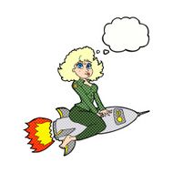 cartoon army pin up girl riding missile with thought bubble N10