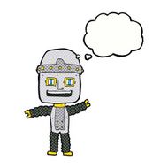cartoon waving robot with thought bubble N25