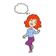 cartoon happy woman dancing with thought bubble N11