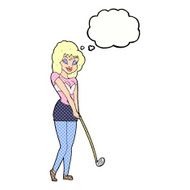 cartoon woman playing golf with thought bubble N22