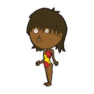 cartoon woman in swimsuit shrugging shoulders N7