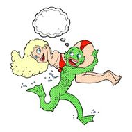 cartoon swamp monster carrying girl in bikini with thought bubbl N9