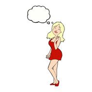 cartoon pretty woman in cocktail dress with thought bubble N11
