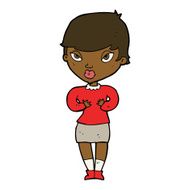 cartoon woman gesturing at self N21