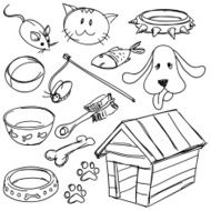 Pets&#039; equipment set in black and white