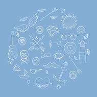 Hand drawn set of hipster elements over blue