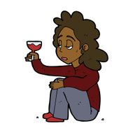 cartoon unhappy woman with glass of wine N8