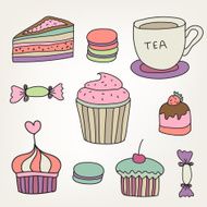 set of vector cute colorful hand drawn sweets cakes