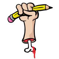 cut hand with bone holding a pencil