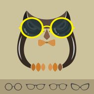 Vector images of owl and glasses on brown background