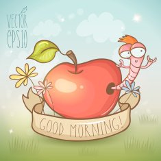 Card template with vintage ribbon apple and cute worm