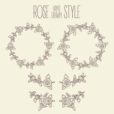 Hand drawn vector vintage rose branches and wreathes
