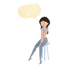 cartoon pretty girl on stool with speech bubble N11
