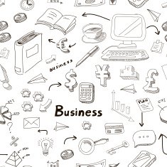 Vector business doodles seamless pattern background with diagrams humans and