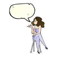 cartoon woman sitting on bar stool with speech bubble N23