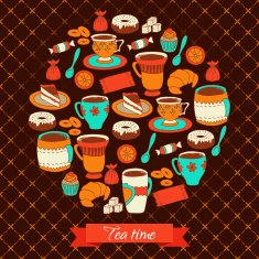 Round greeting card with tea coffee and sweets N2