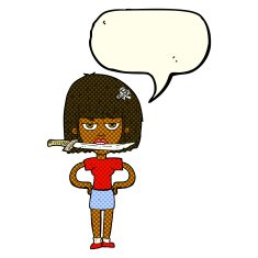 cartoon woman with knife between teeth speech bubble N45